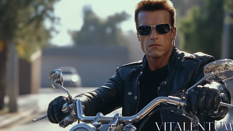 Leather-clad motorcyclist rendered in cinematic photorealism