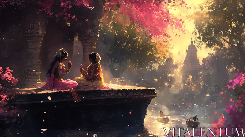 Temple riverside glows as two women share a quiet prayer.