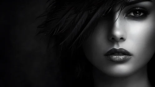 Monochrome feather-veiled portrait with high-gloss lips study.