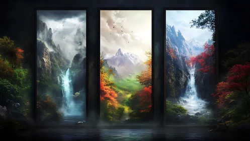 Triptych landscape portals with mountains and waterfalls.