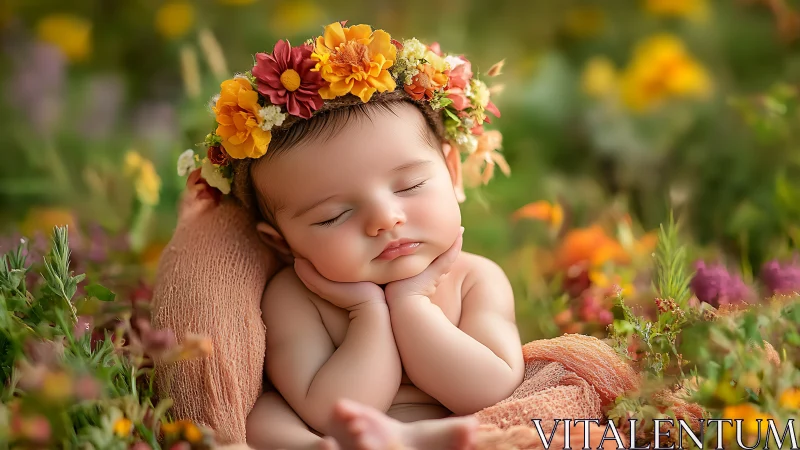 Slumbering cherub wears flowered crown amid garden's warm embrace