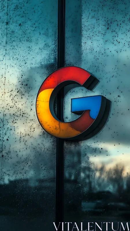 Colorful corporate logo glows against rainy glass facade.