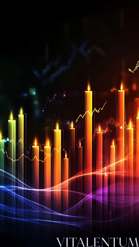 Neon financial candlestick skyline with glowing market waves.