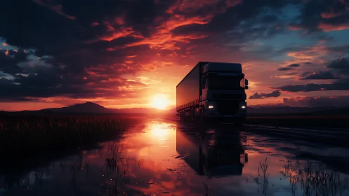 Cargo truck crossing wet highway at vivid sunset.