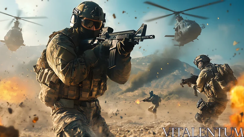 Modern soldiers in desert firefight under assault helicopters.