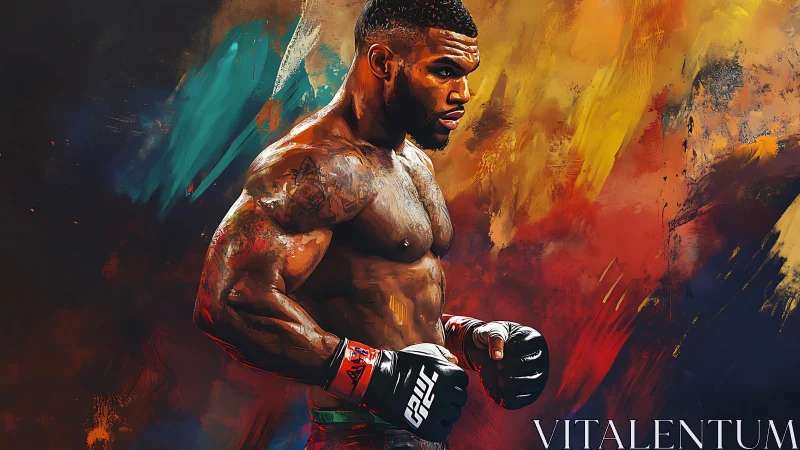 Athletic male figure in boxing attire with dramatic abstract background
