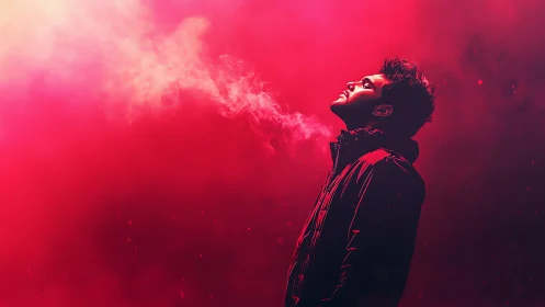 Man in red haze exhaling smoke in dramatic side profile.