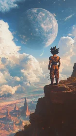 Figure on cliff observing large planet over rugged valley.