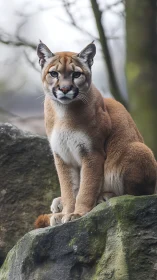 Cougar Sitting on Moss-Covered Boulder with Focused Predatory Gaze