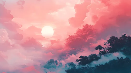 Radiant atmospheric sun over misty forest in graded pink clouds