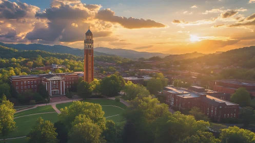 Sunlit campus tower over verdant valley at golden hour.