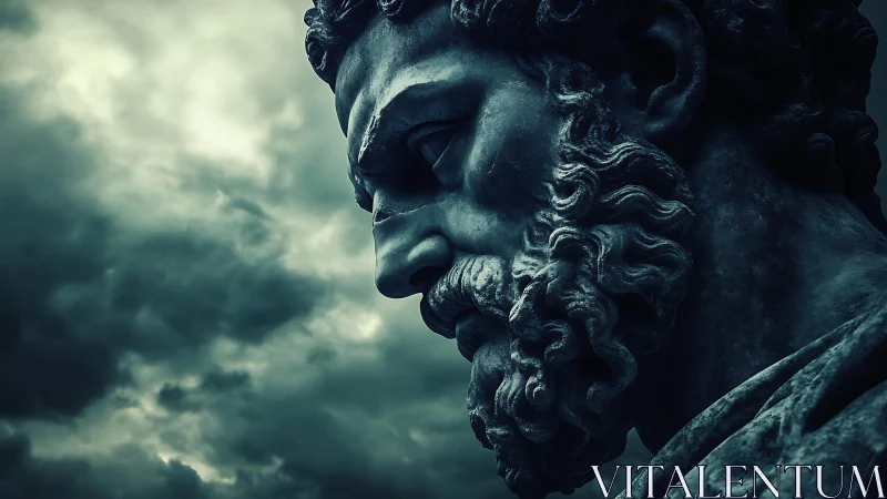 Brooding stone statue gazing into a stormy twilight sky.