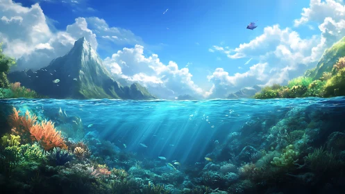 Split-world reef kingdom under a sunlit mountain sky.