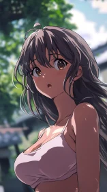 Anime girl in white top standing outdoors in sunlight.