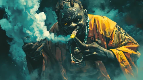 Smoldering shaman conjures neon smoke and wicked secrets.