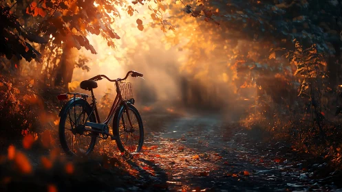 Bicycle Bathed in Golden Autumn Sunlight Along Forest Path