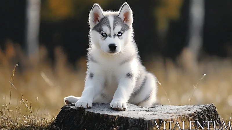 Siberian husky puppy sits on tree stump in shallow depth field