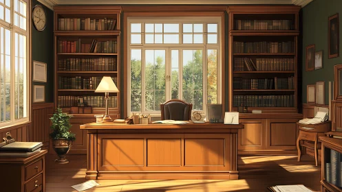 Sunlit neoclassical study with symmetric oak workspace geometry.