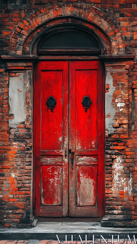 Weathered red double door set in old brick archway