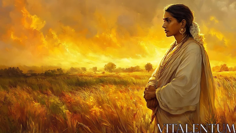 Sunlit village muse standing quiet in golden harvest fields.