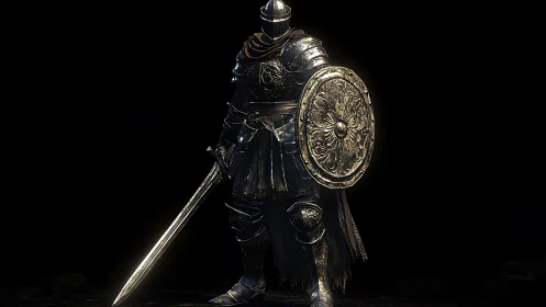 Armored knight stands with sword and shield in darkness