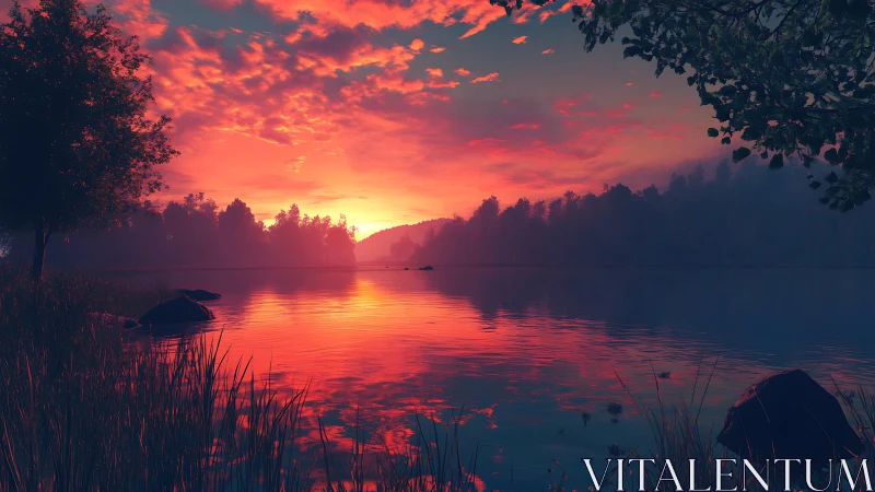 Radiant volumetric sunset over reflective forest lake surface
