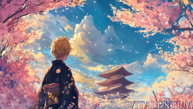 Kimono-clad youth gazing at distant pagoda in sakura sky.