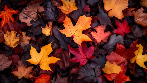 Color-saturated maple leaves create dense autumn ground pattern