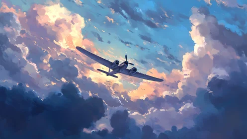 Twin‑engine airplane flies through dense sunset cloudscape