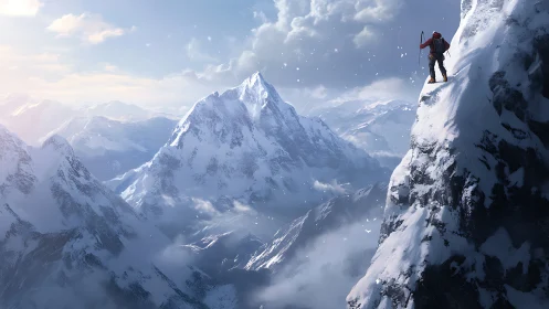 Climber greeting a vast snowy mountain kingdom at sunrise.