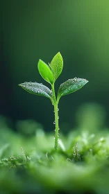 Macro study of dew-covered seedling with shallow depth of field