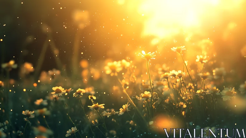 Golden daisies glow gently in a warm, dreamlike sunset meadow