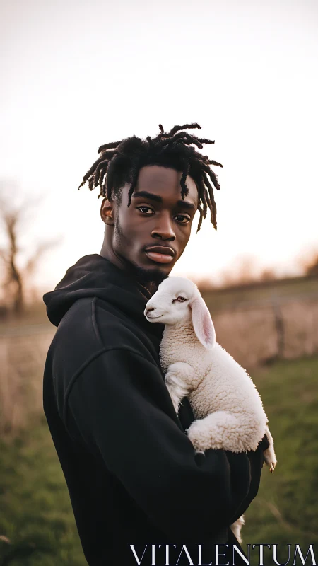 Gentle sunset moment as a young man cradles a lamb close