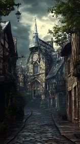 Moody medieval cobblestone street with old stone clocktower.