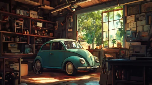 Turquoise classic Beetle in sunlit, tool-laden workshop interior.