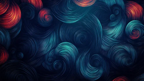 Swirling teal and crimson curls dance across a deep night sky