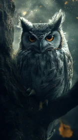 Stormlit owl sentinel with ember eyes in misty forest hush.