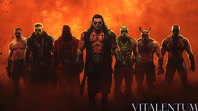 Armored demon warriors stand united before fiery inferno