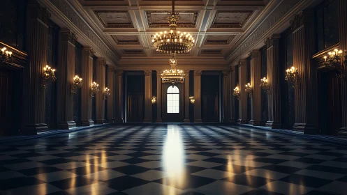 Grand chandelier hall glowing over a quiet checkerboard floor.