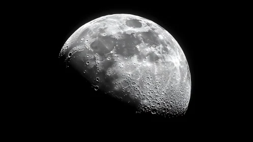 Luminous half-moon leans into darkness, flaunting crater scars