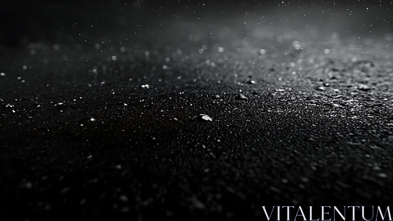 Rain droplets shimmer over dark asphalt at night.