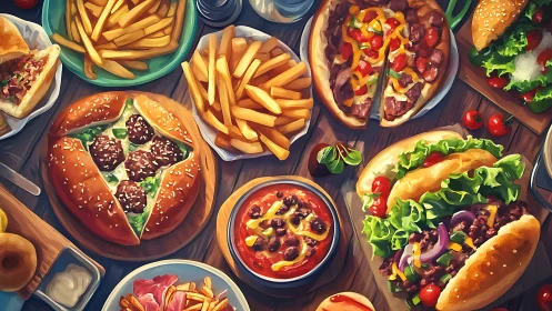 Colorful fast food feast fills wooden tabletop with detail