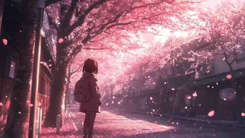 Quiet walk beneath glowing cherry blossom streetscape.
