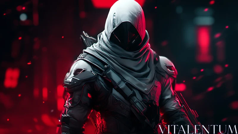 Hooded sci fi assassin in tactical armor, red glow backdrop.