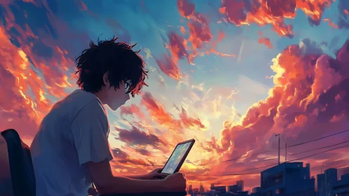 Rooftop dusk dreamer scrolling under painted neon clouds.