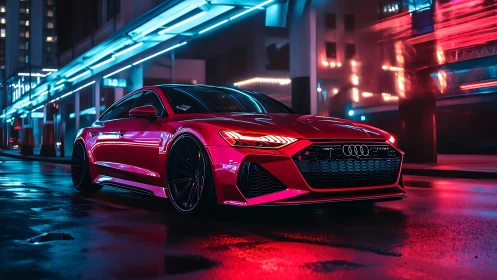 Neon-lit red sports car glides through a futuristic city night