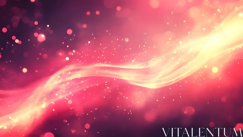 Abstract pink and gold light wave with glowing particles effect.