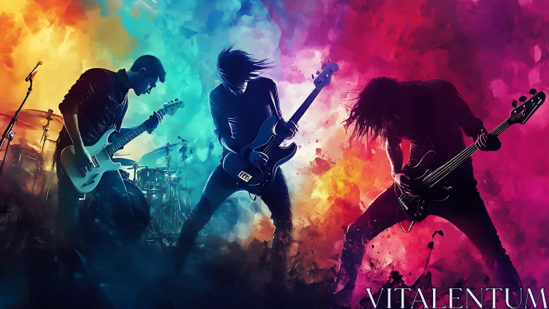 Electric rock band silhouettes in tri-color explosive lighting