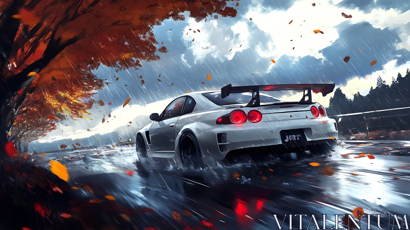 Digital painting of white tuner car on wet autumn mountain road.
