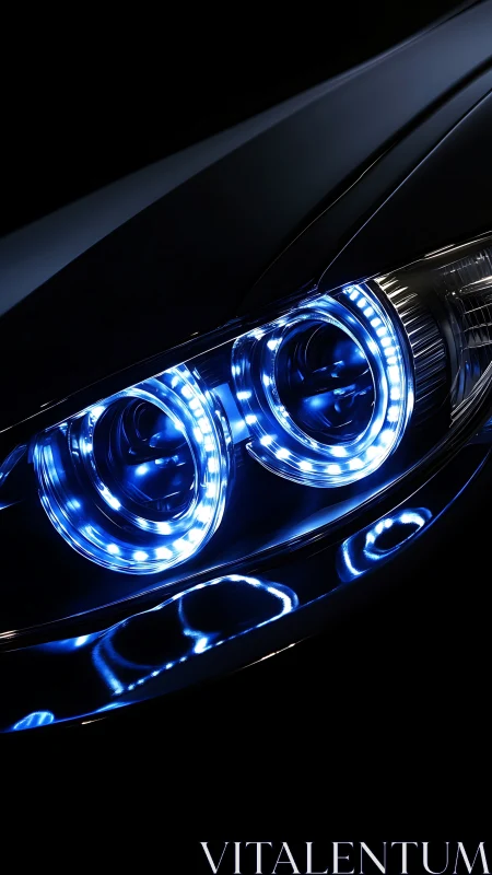 Photorealistic macro of blue LED automotive headlight rings.